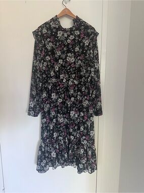 RAOUL Black Floral Print Long Sleeve Midi Dress Size L